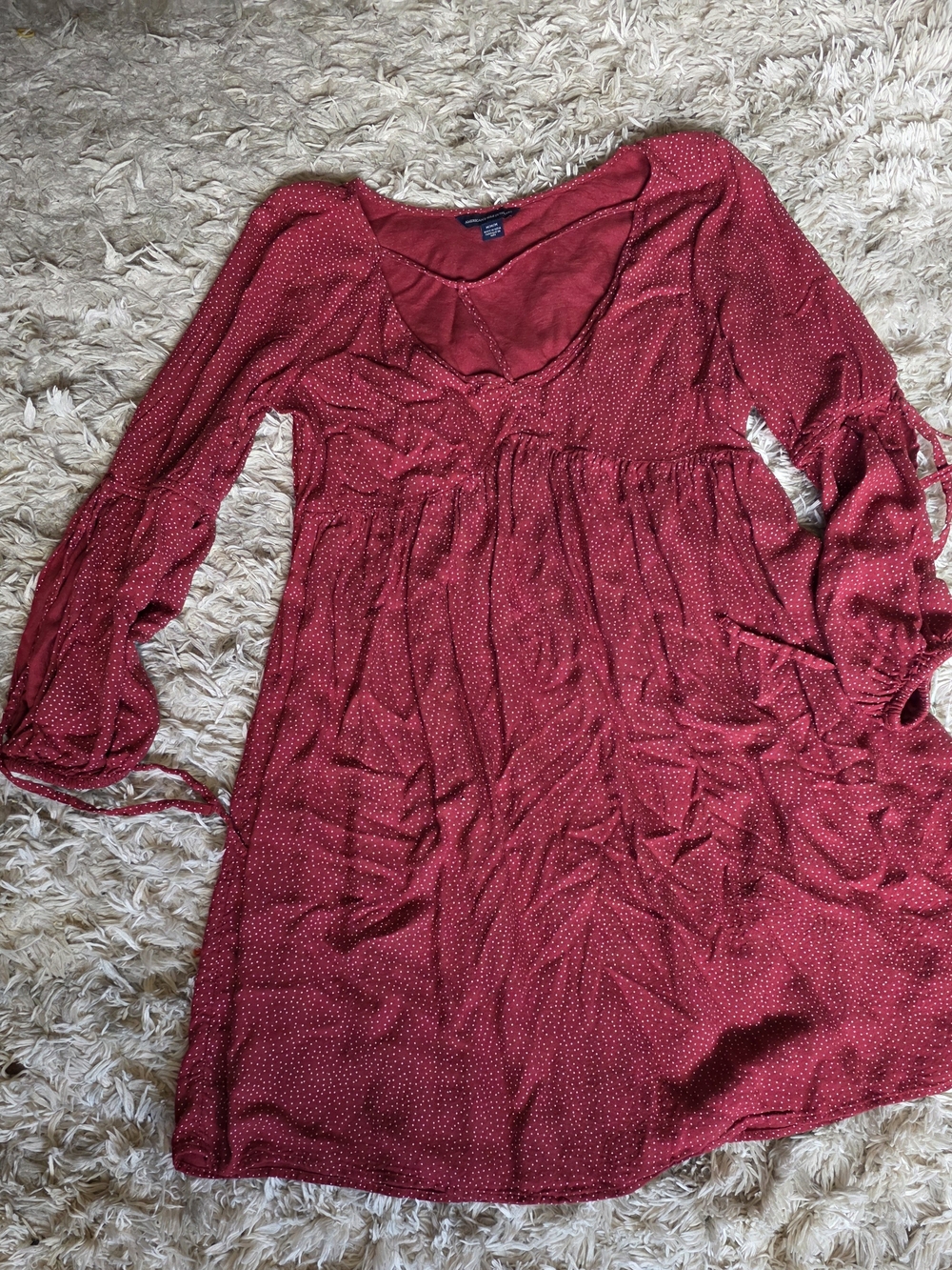 American Eagle Outfitters Burgundy Red Long Sleeve Dot Babydoll Dress